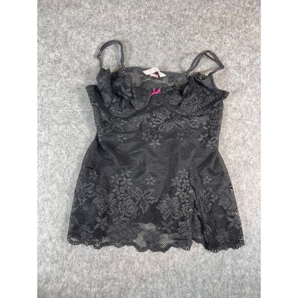 Victoria's Secret Other - Victorias Secret Top Womens Large Black Floral Lace Sheer Cami Teddy Underwired